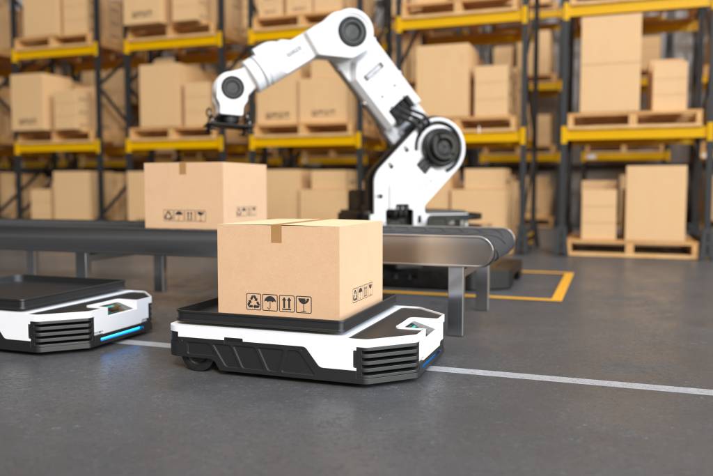robot arm picks up box autonomous
